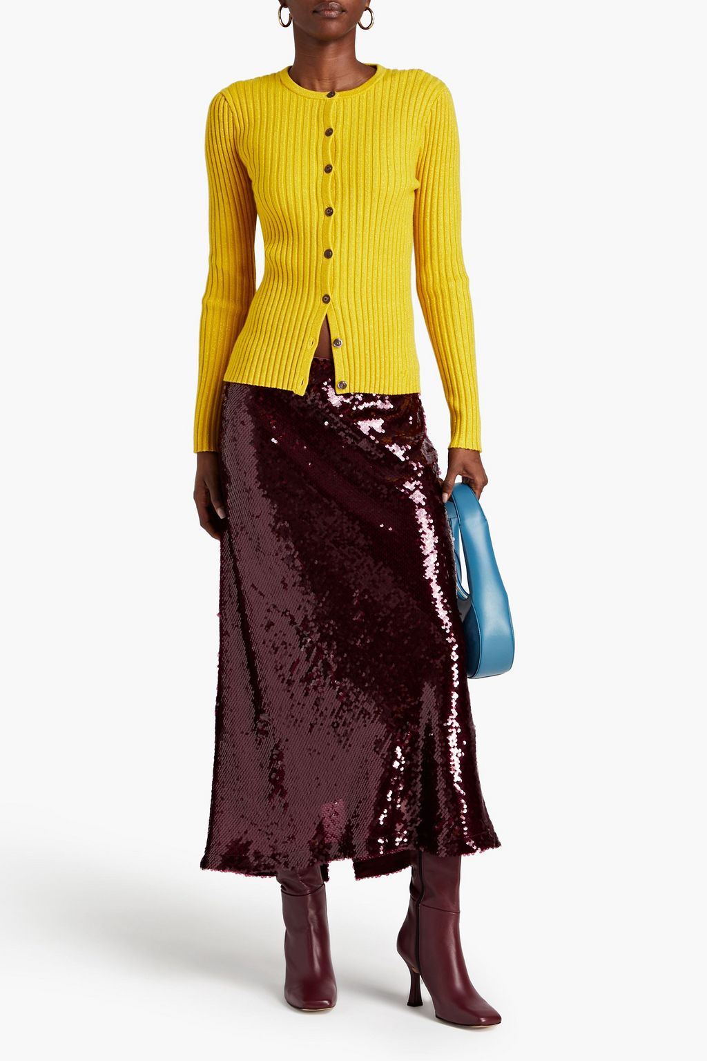 TORY BURCH Cardigan aus einer gerippten Merinowollmischung in Metallic-Optik