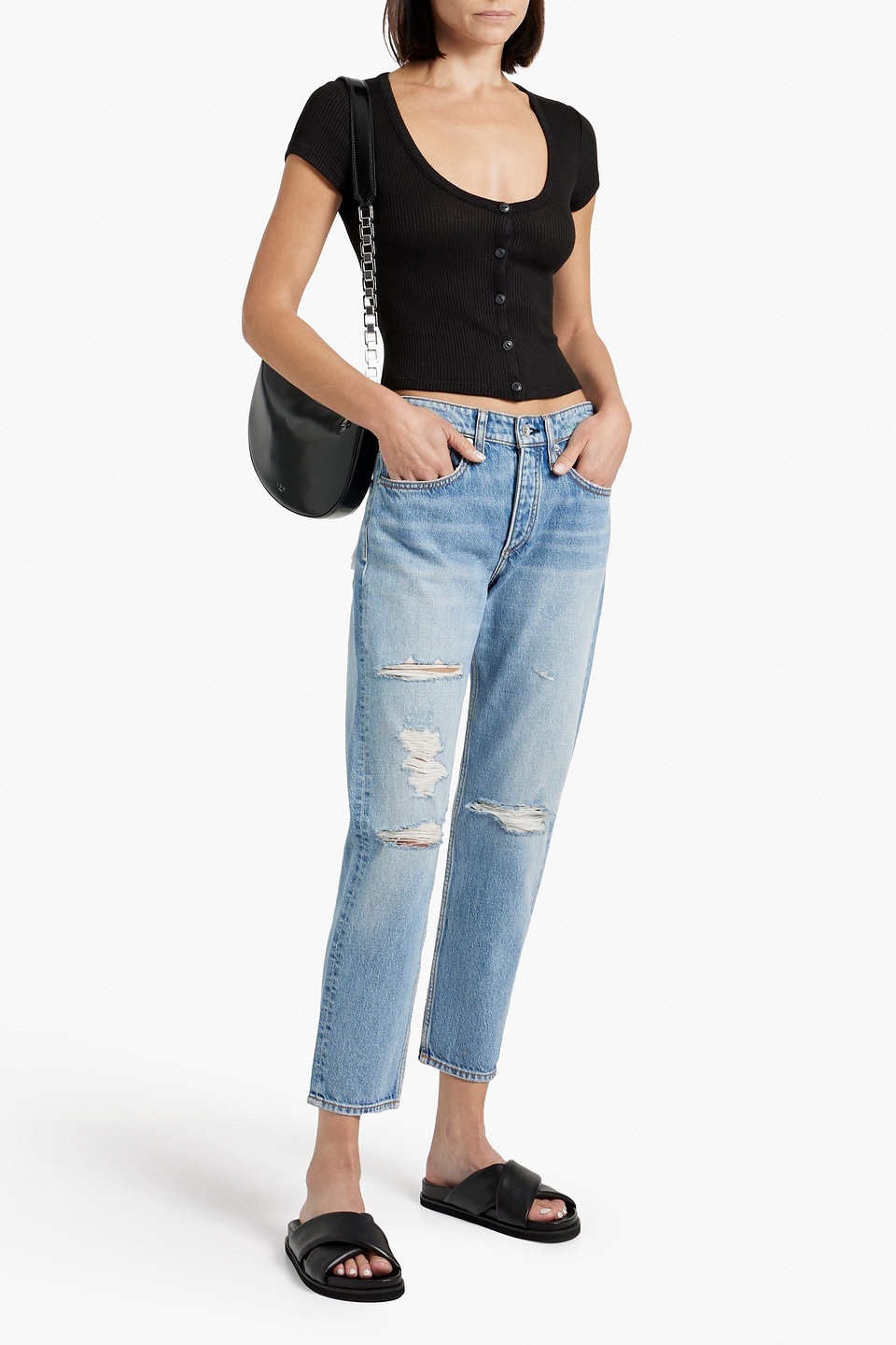 Shop Rag & Bone Cropped Distressed Straight-leg Jeans In Light Denim