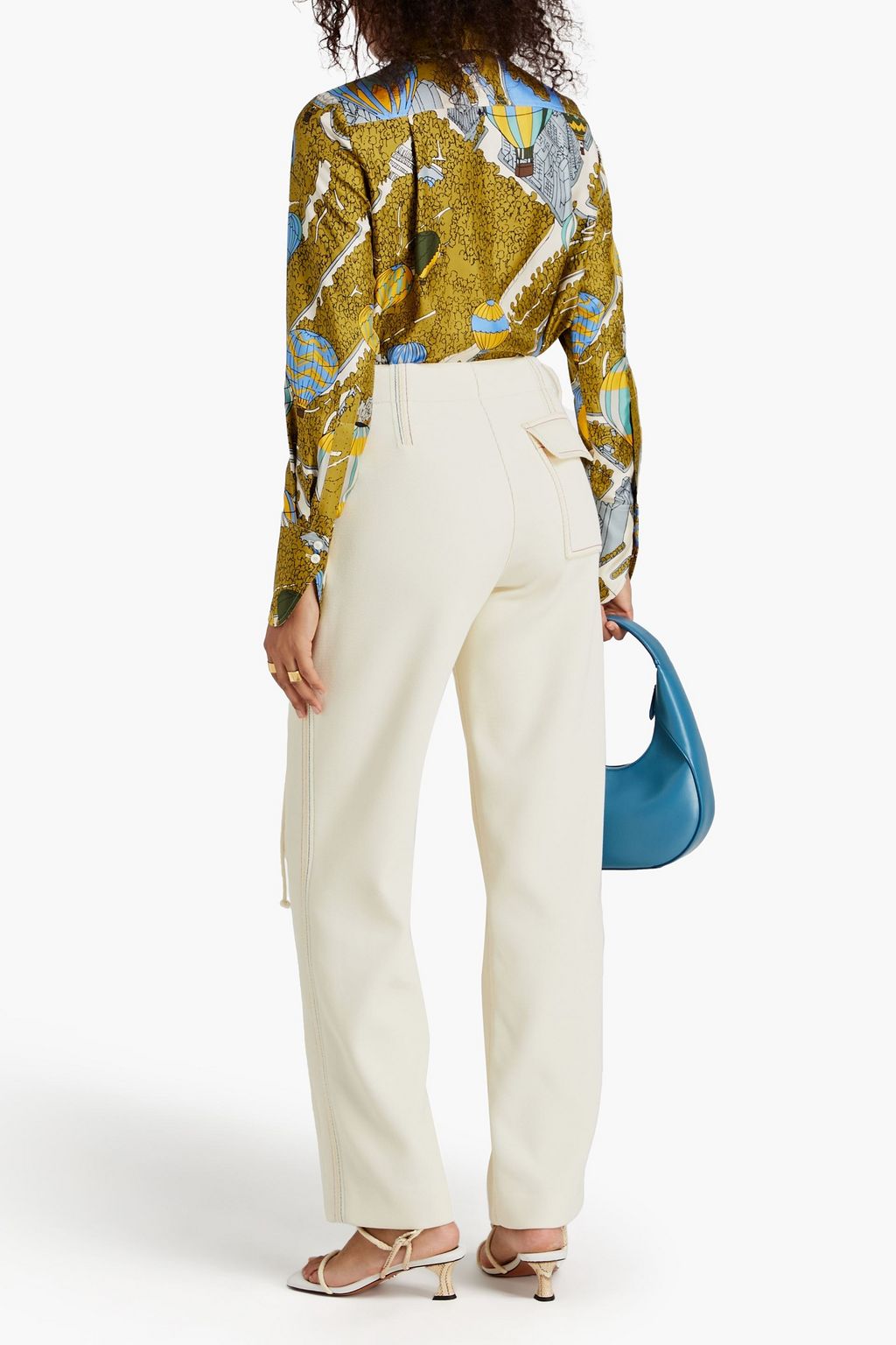 TORY BURCH 레이스업 코튼 혼방 드릴 벨티드 스트레이트 레그 팬츠