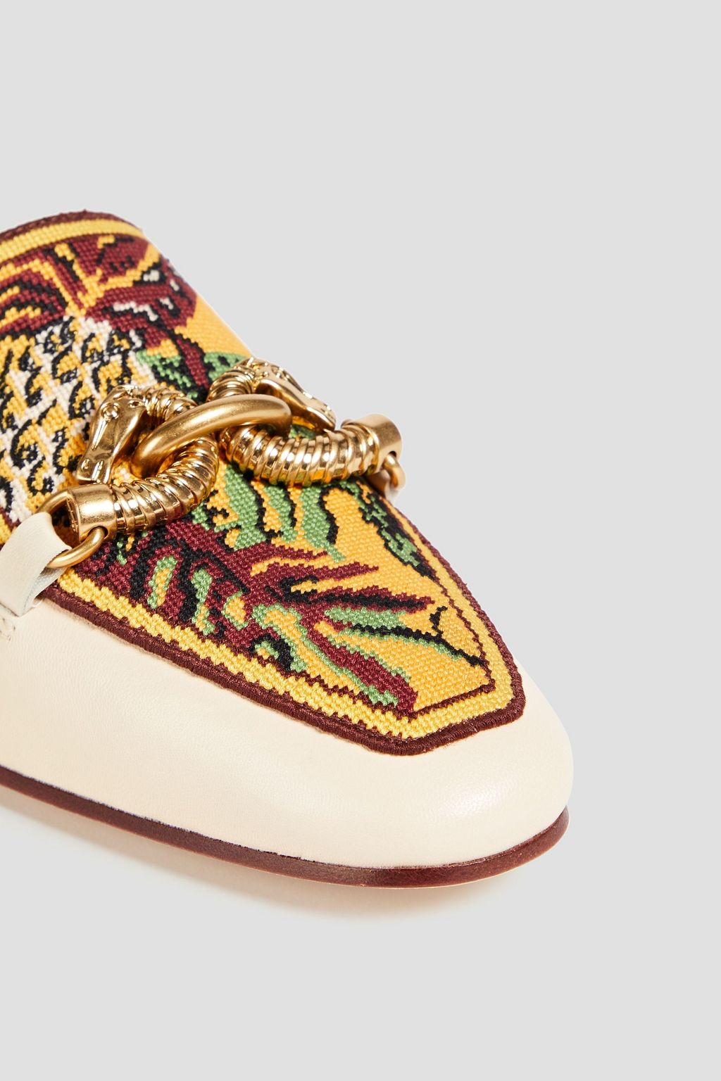 TORY BURCH Jessa embellished jacquard and leather loafers