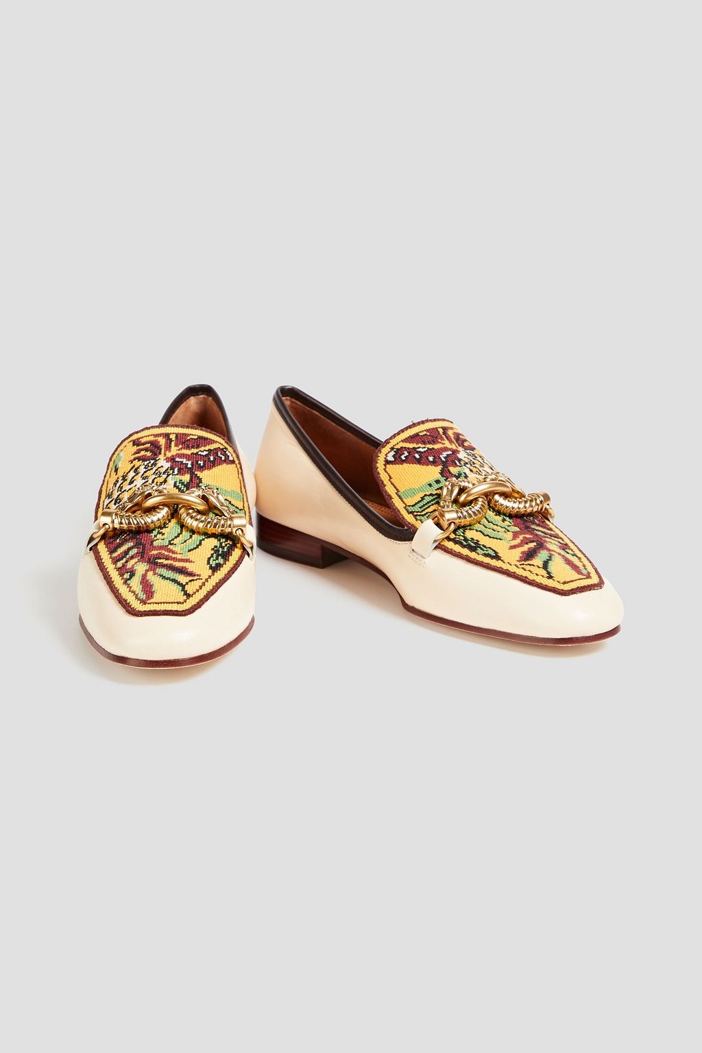 TORY BURCH Jessa embellished jacquard and leather loafers