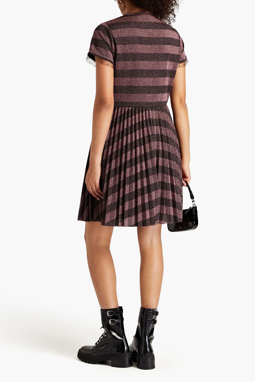 REDVALENTINO فستان قصير من نسيج محبوك بتصميم مخطط بلون معدني