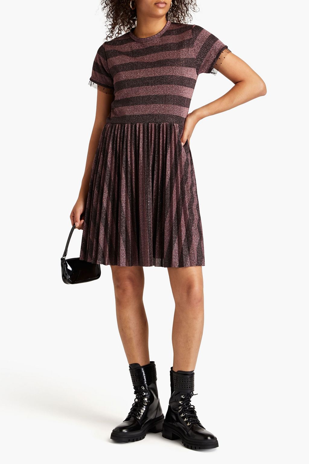 REDVALENTINO فستان قصير من نسيج محبوك بتصميم مخطط بلون معدني