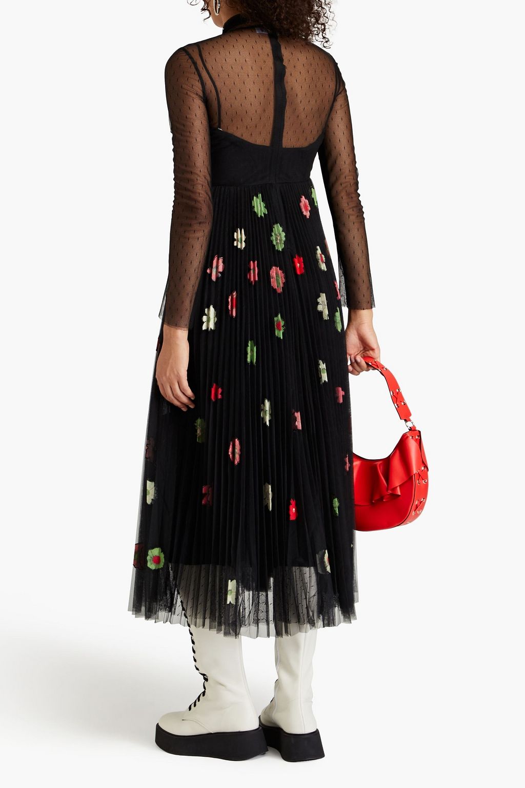 REDVALENTINO Pussy-bow pleated embroidered tulle mini dress