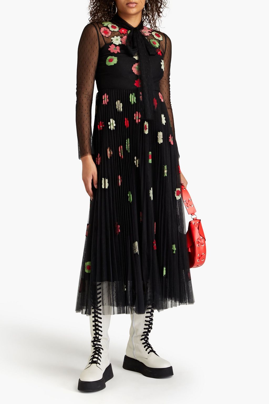 REDVALENTINO Pussy-bow pleated embroidered tulle mini dress