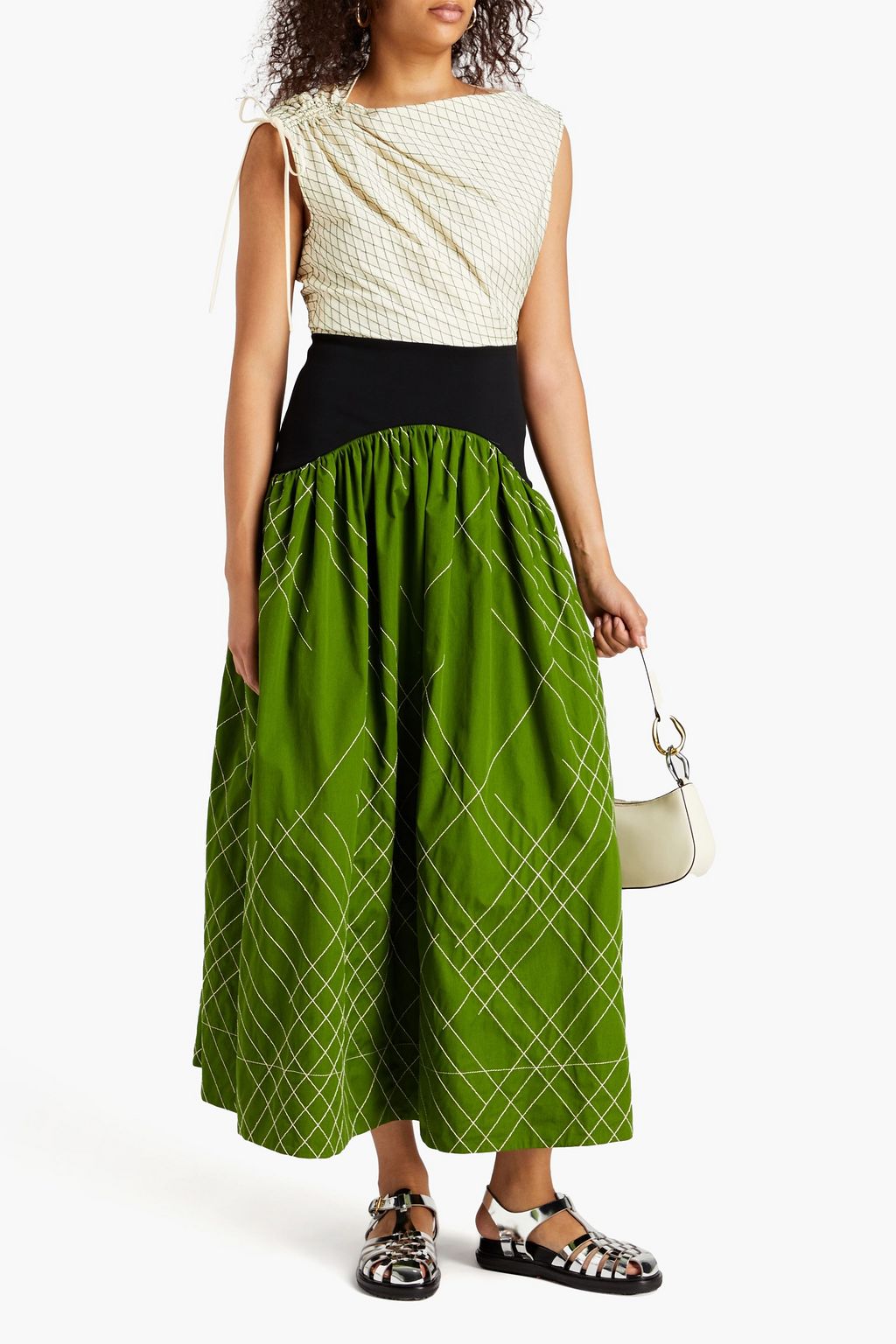 TORY BURCH Ruched crepe-paneled cotton-twill maxi dress