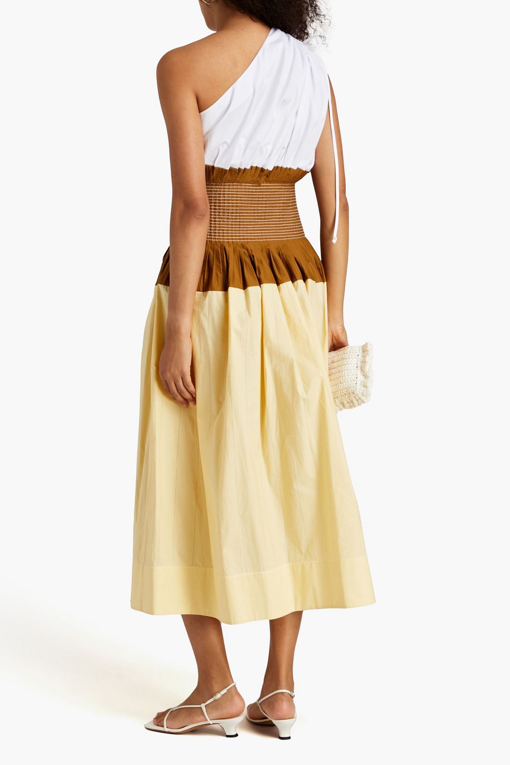 TORY BURCH 원 숄더 코튼 플리츠 미디 드레스