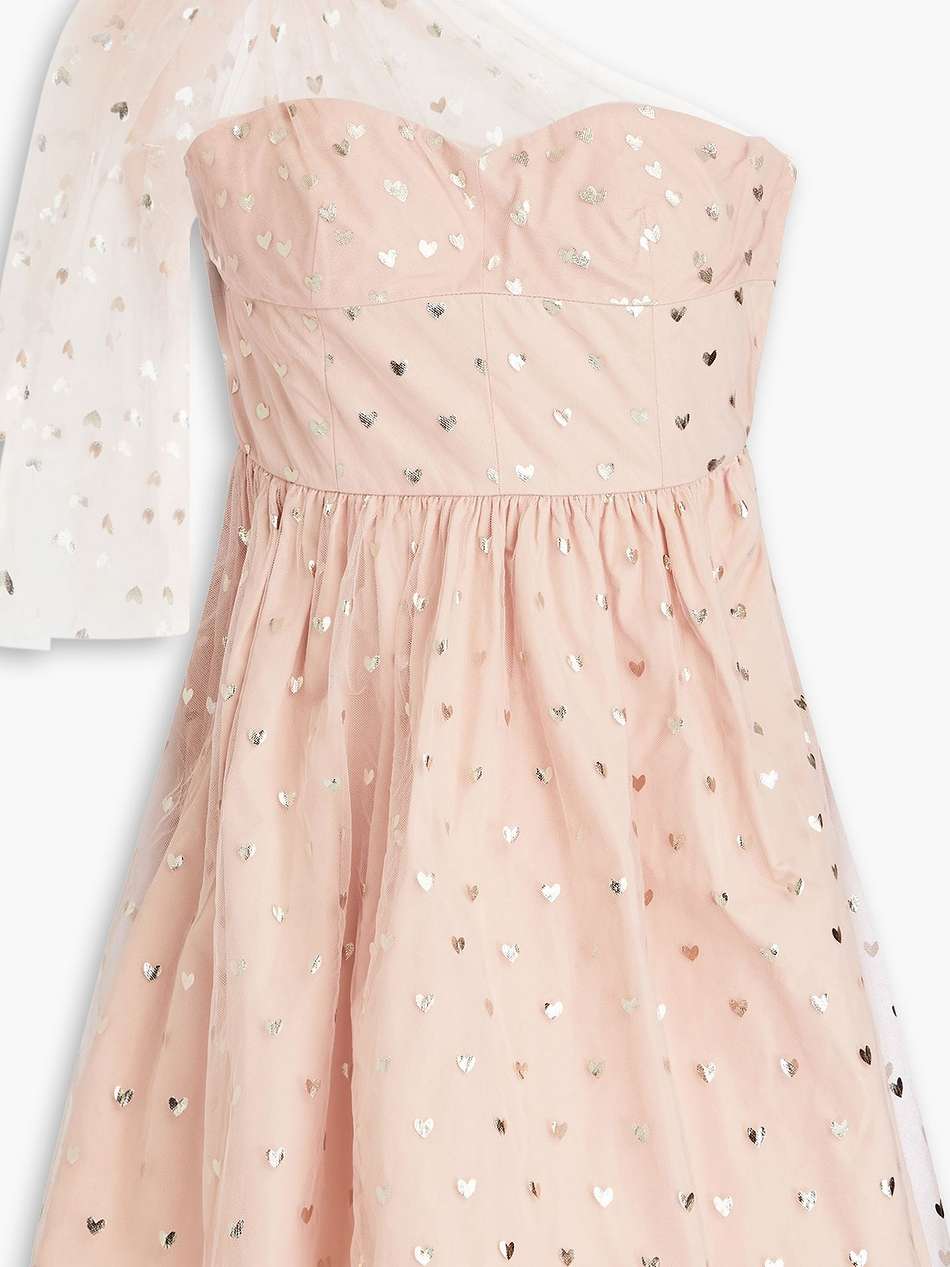 one-shoulder printed tulle mini dress