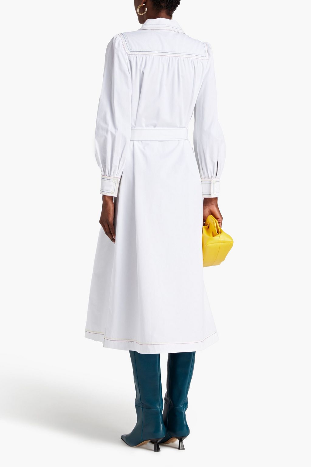 TORY BURCH فستان بأسلوب القميص متوسط الطول من قطن تويل بتصميم مزموم