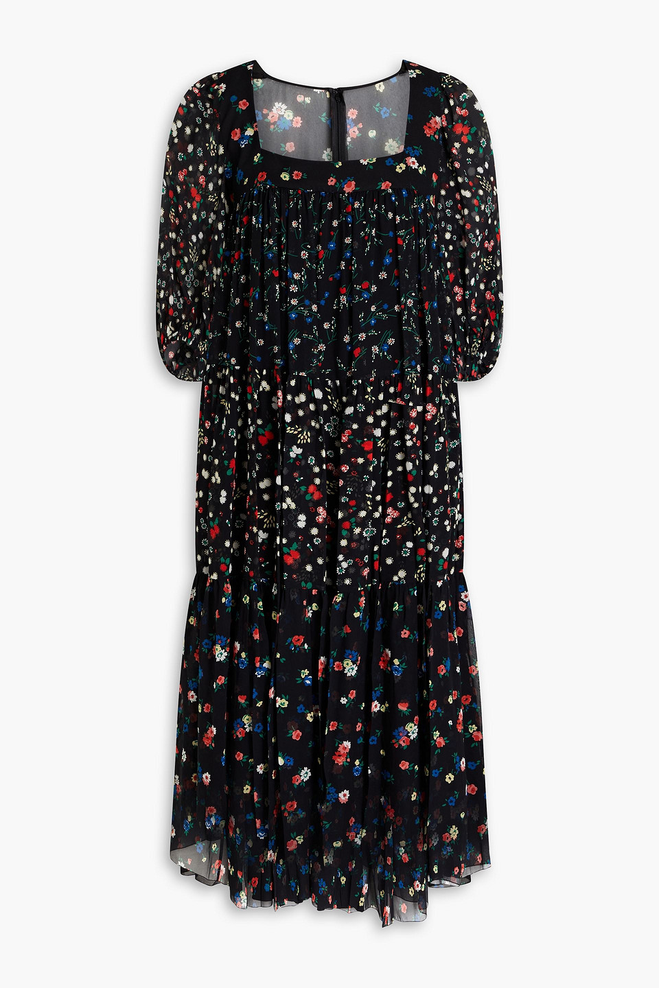 Red Valentino Tiered Floral-print Georgette Midi Dress In Black