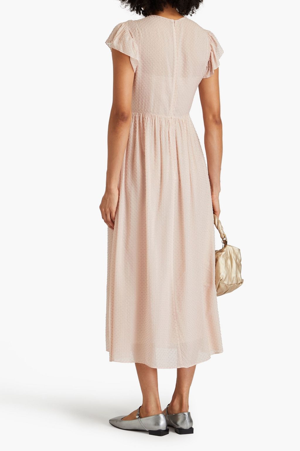 REDVALENTINO Gathered metallic fil coupé crepe de chine midi dress