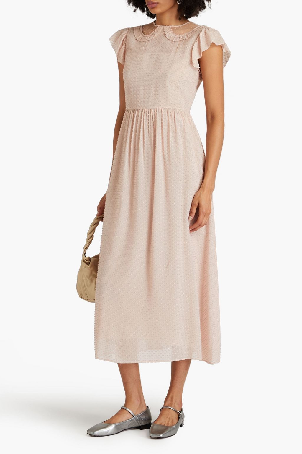 REDVALENTINO Gathered metallic fil coupé crepe de chine midi dress