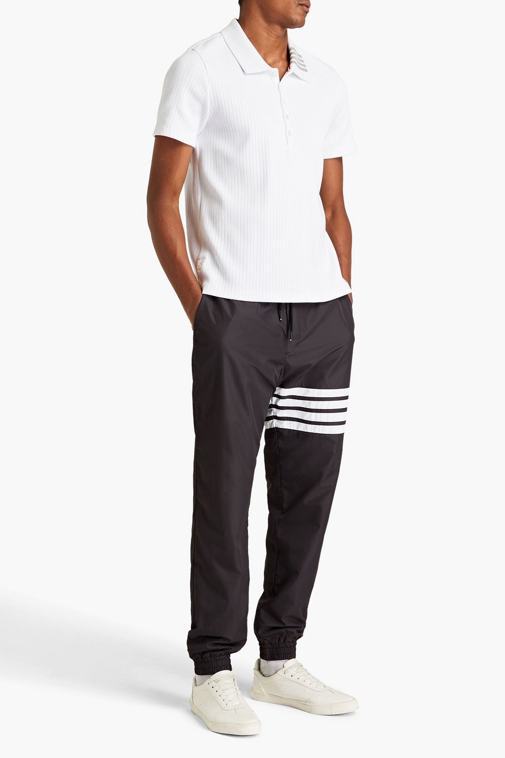 THOM BROWNE Striped ribbed cotton-jersey polo shirt