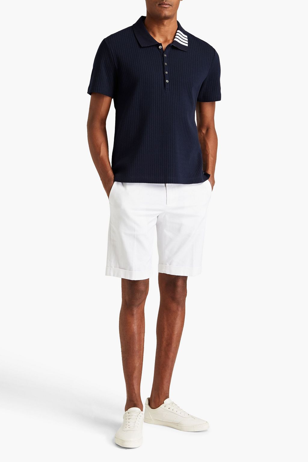 THOM BROWNE Striped ribbed cotton-jersey polo shirt