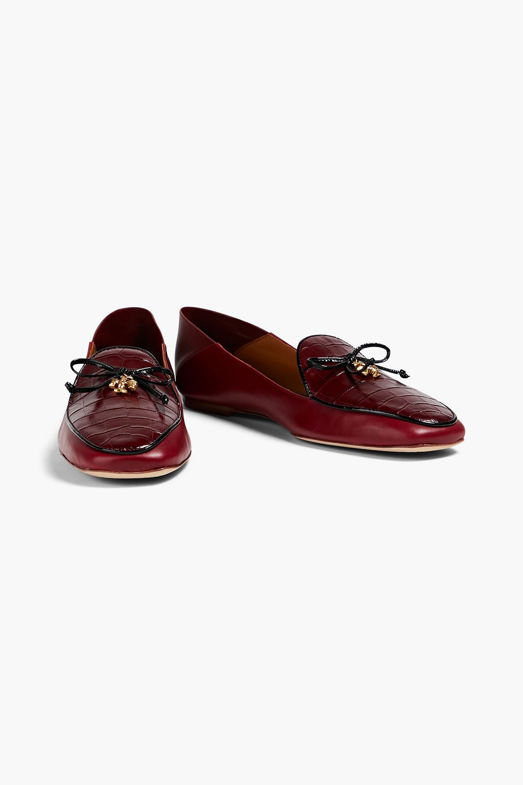 TORY BURCH Embellished smooth and croc-effect leather loafers