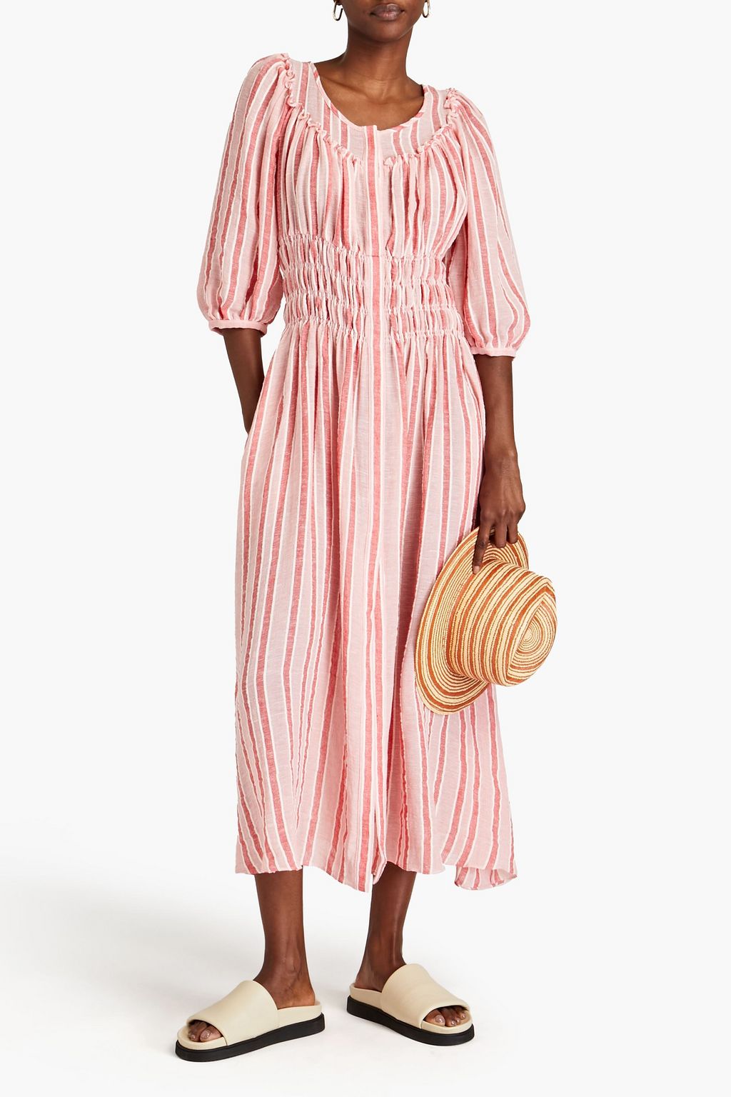 THREE GRACES LONDON Arabella striped linen-blend midi dress