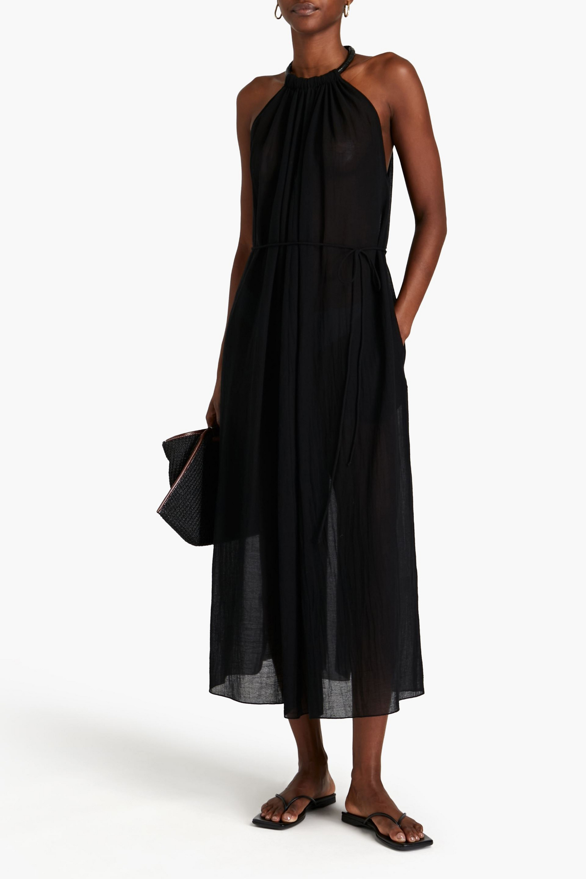 THREE GRACES LONDON Rhian leather-trimmed cotton-voile halterneck midi dress