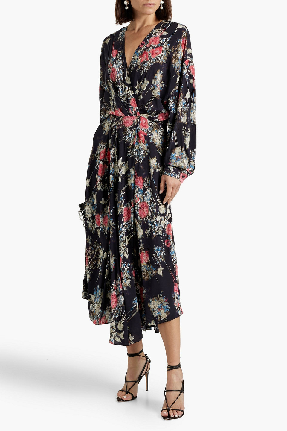 Iro Aleyna Wrap-effect Floral-print Satin Midi Dress In Midnight Blue |  ModeSens