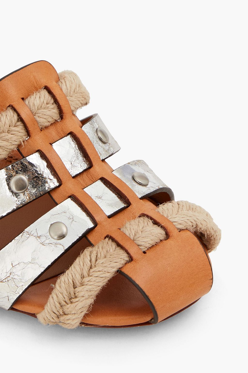 TORY BURCH Sandalen aus Jute, Glatt- und Craquelé-Leder mit Metallic-Effekt