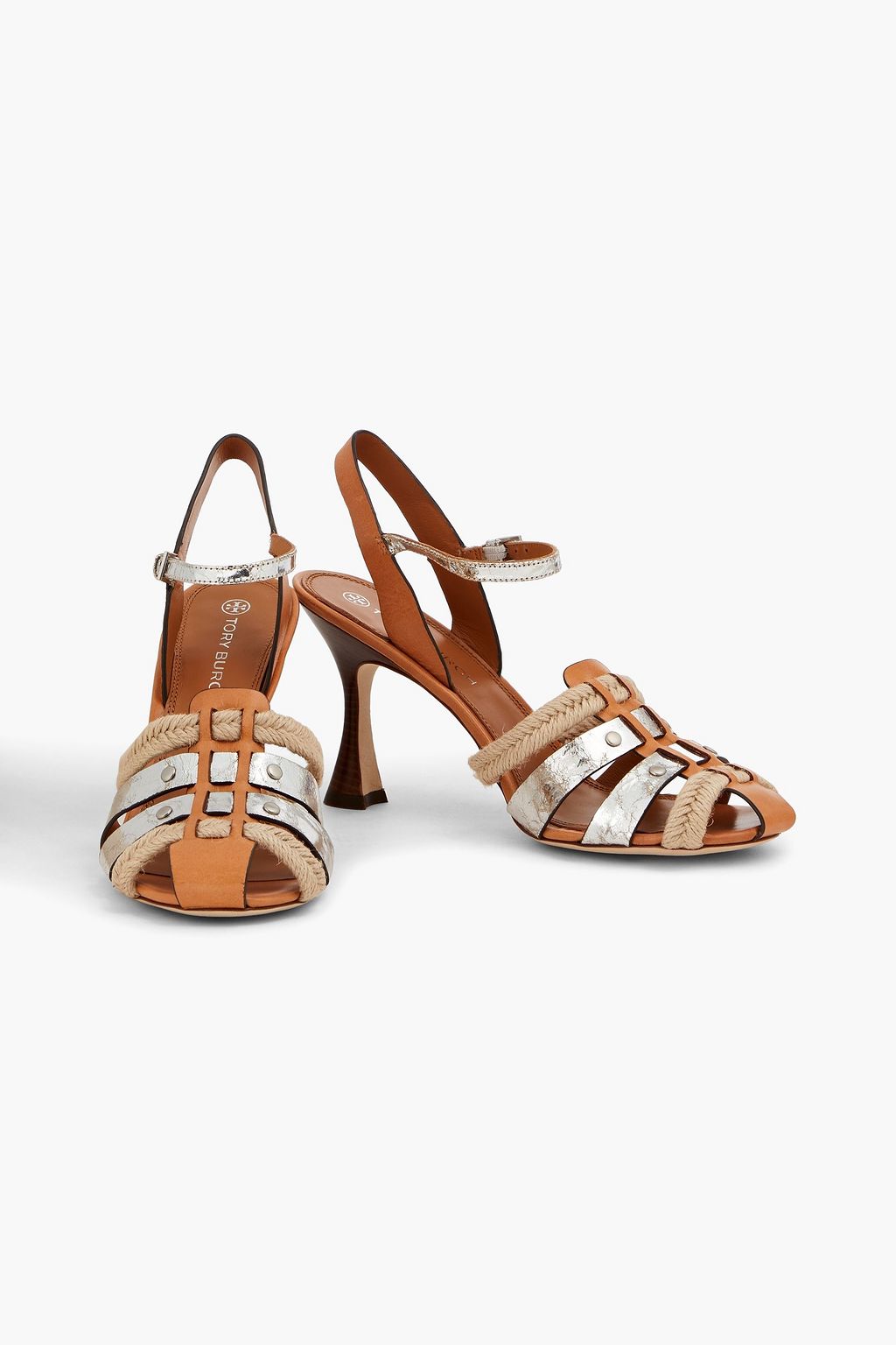 TORY BURCH Sandalen aus Jute, Glatt- und Craquelé-Leder mit Metallic-Effekt
