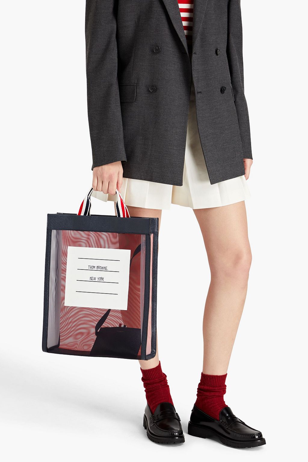 THOM BROWNE Leather-trimmed printed mesh tote