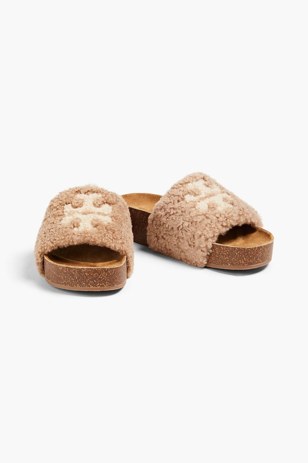 TORY BURCH Double T shearling platform slides