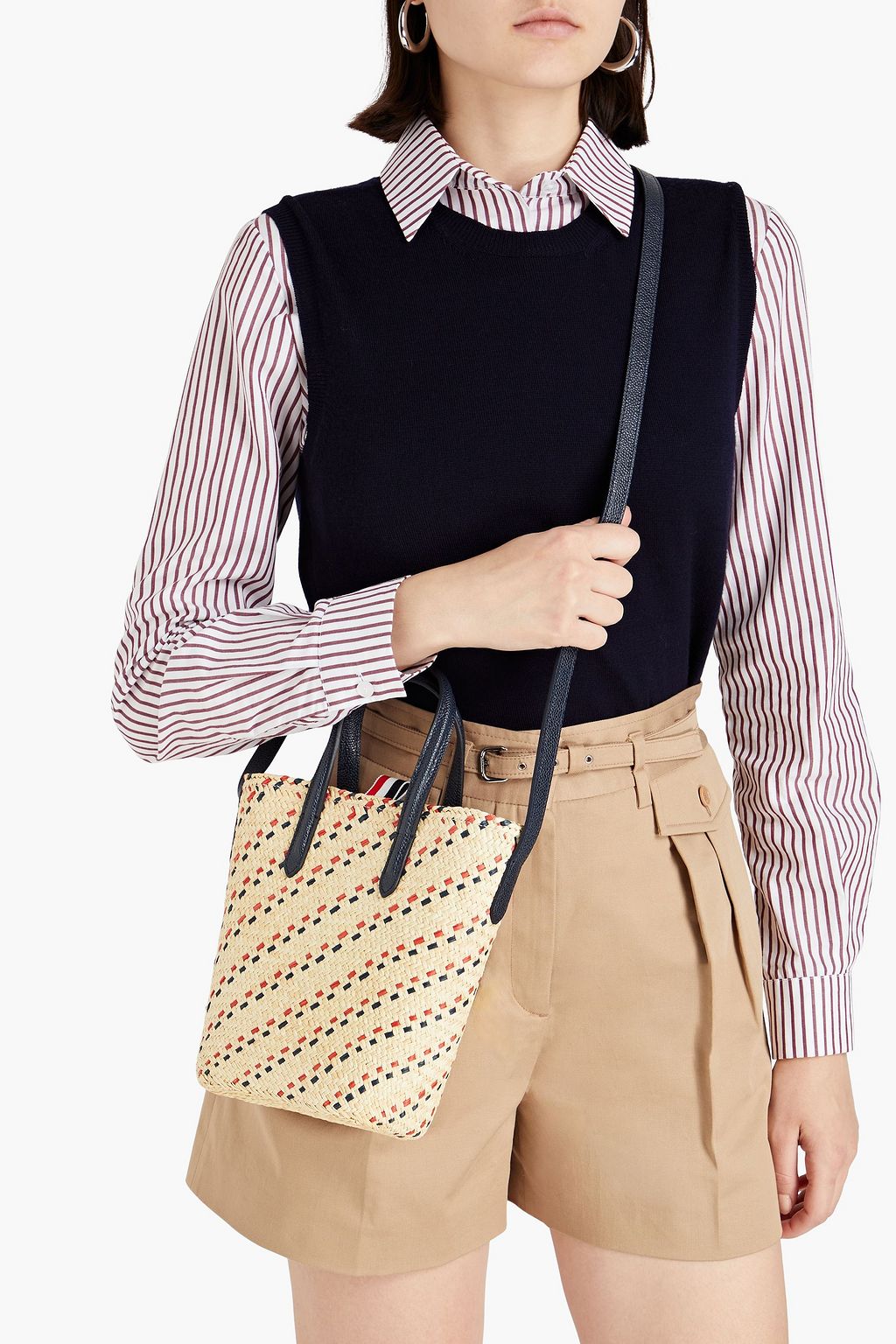 THOM BROWNE Leather-trimmed straw bucket bag
