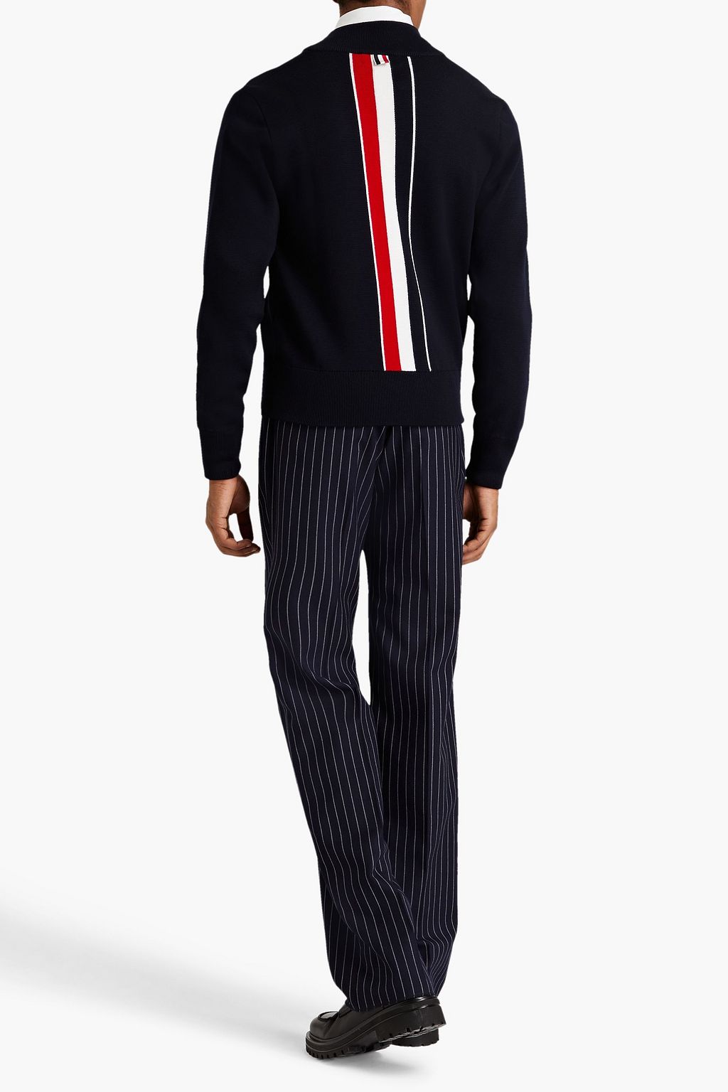 THOM BROWNE كارديغان بسحاب مصنوع من صوف الميرينو بتصميم مخطط