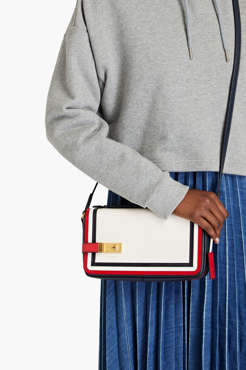 THOM BROWNE Striped pebbled-leather shoulder bag