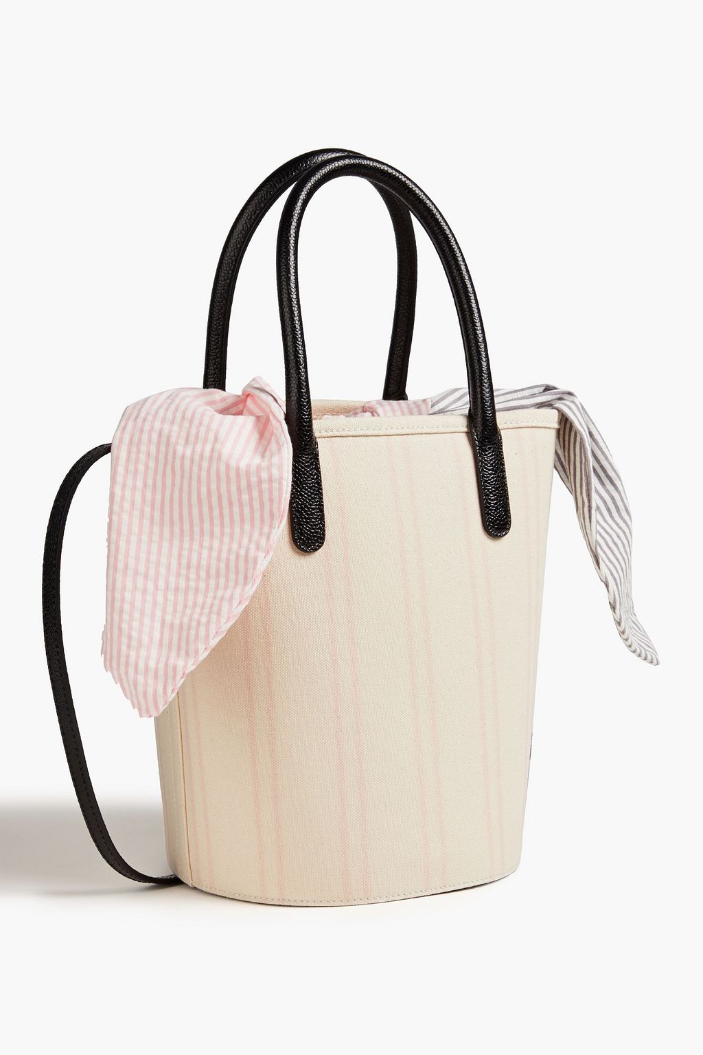 THOM BROWNE Leather-trimmed striped canvas tote