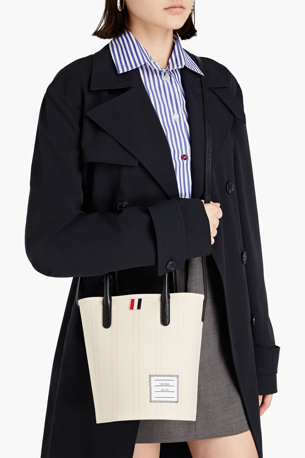 THOM BROWNE Leather-trimmed striped canvas tote
