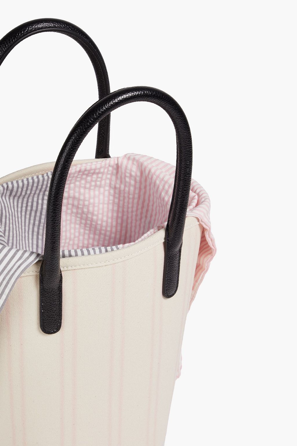 THOM BROWNE Leather-trimmed striped canvas tote