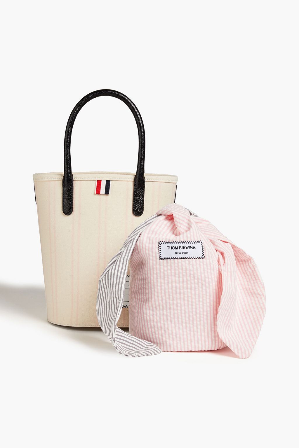 THOM BROWNE Leather-trimmed striped canvas tote