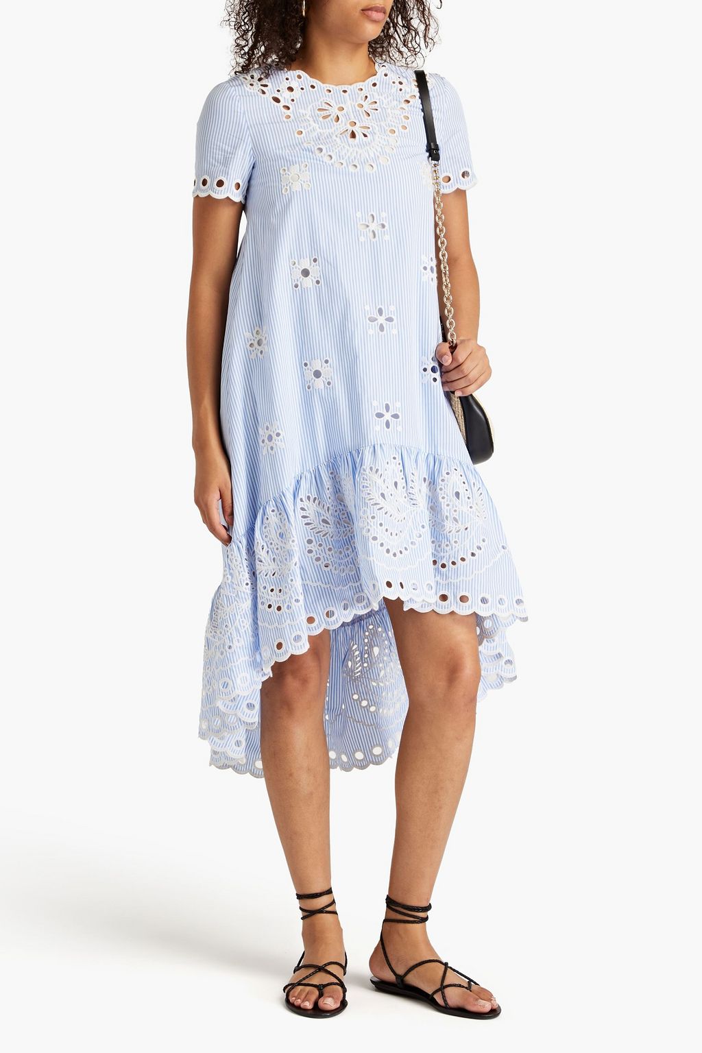 REDVALENTINO فستان متوسط الطول من القطن بتطريز إنجليزي وبتصميم مخطط