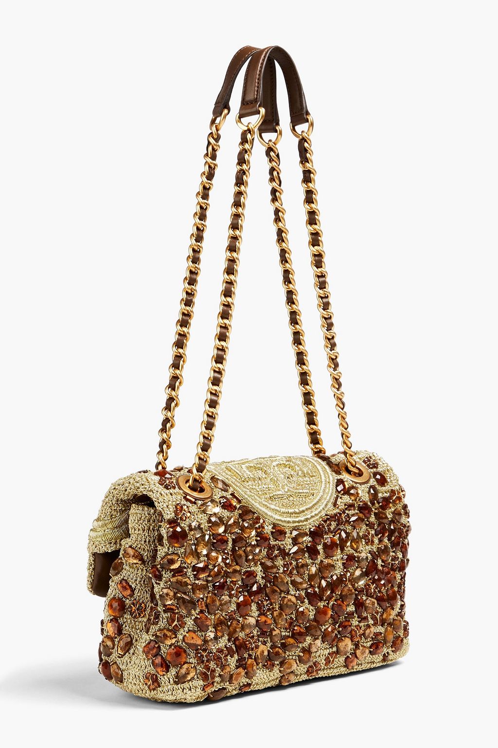 TORY BURCH Fleming embellished crocheted lamé shoulder bag