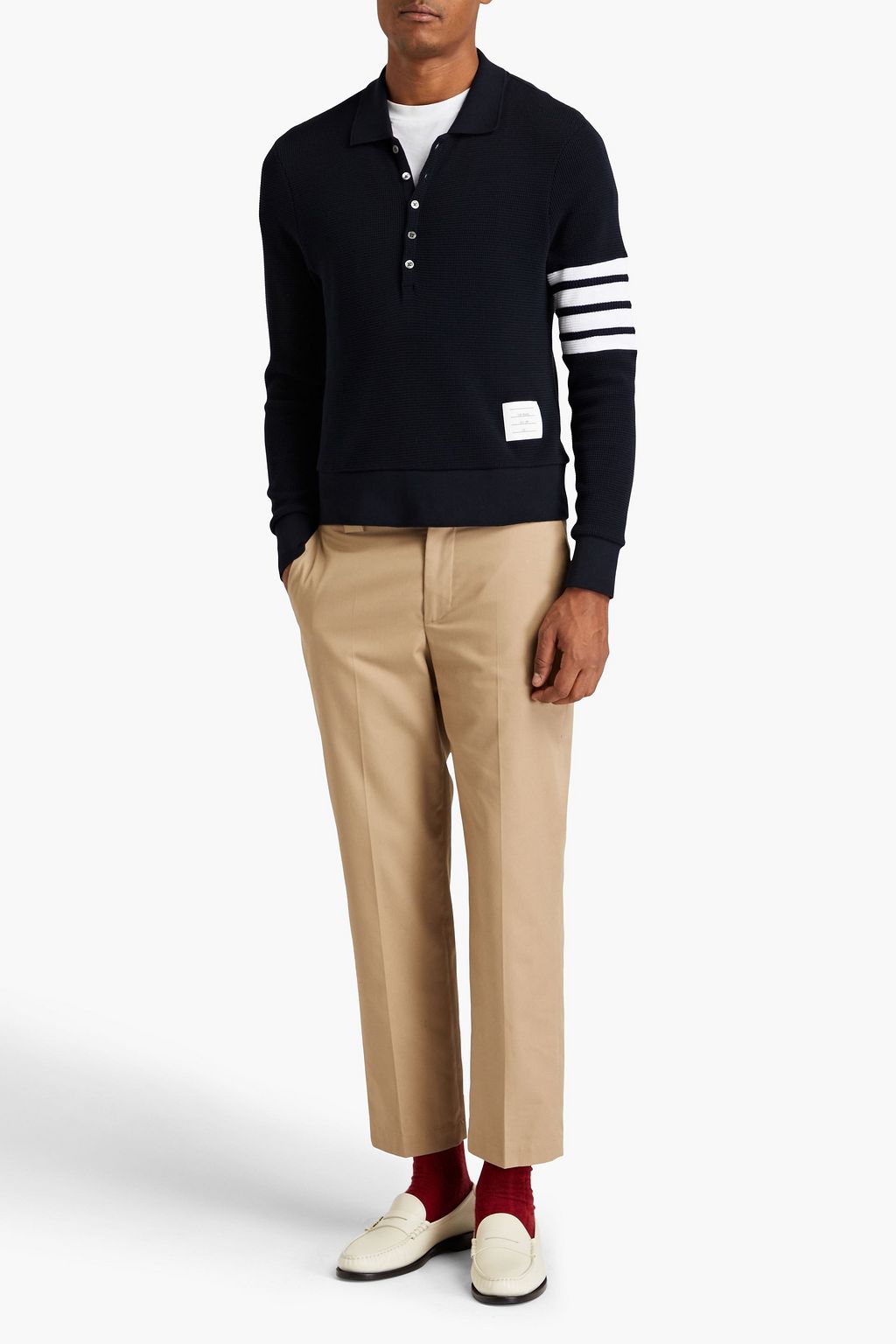 THOM BROWNE Striped waffle-knit cotton polo sweater