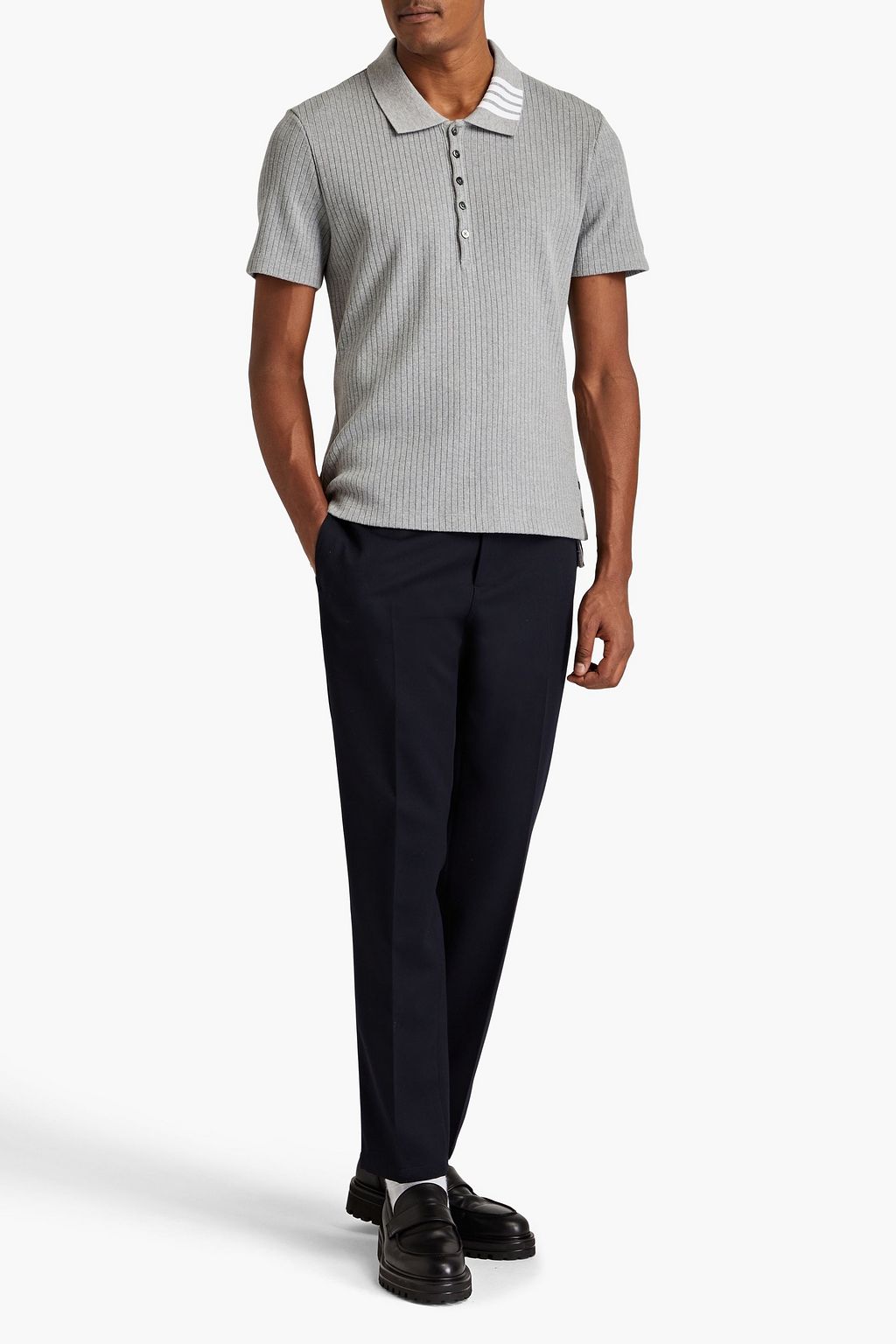 THOM BROWNE Striped ribbed cotton-jersey polo shirt