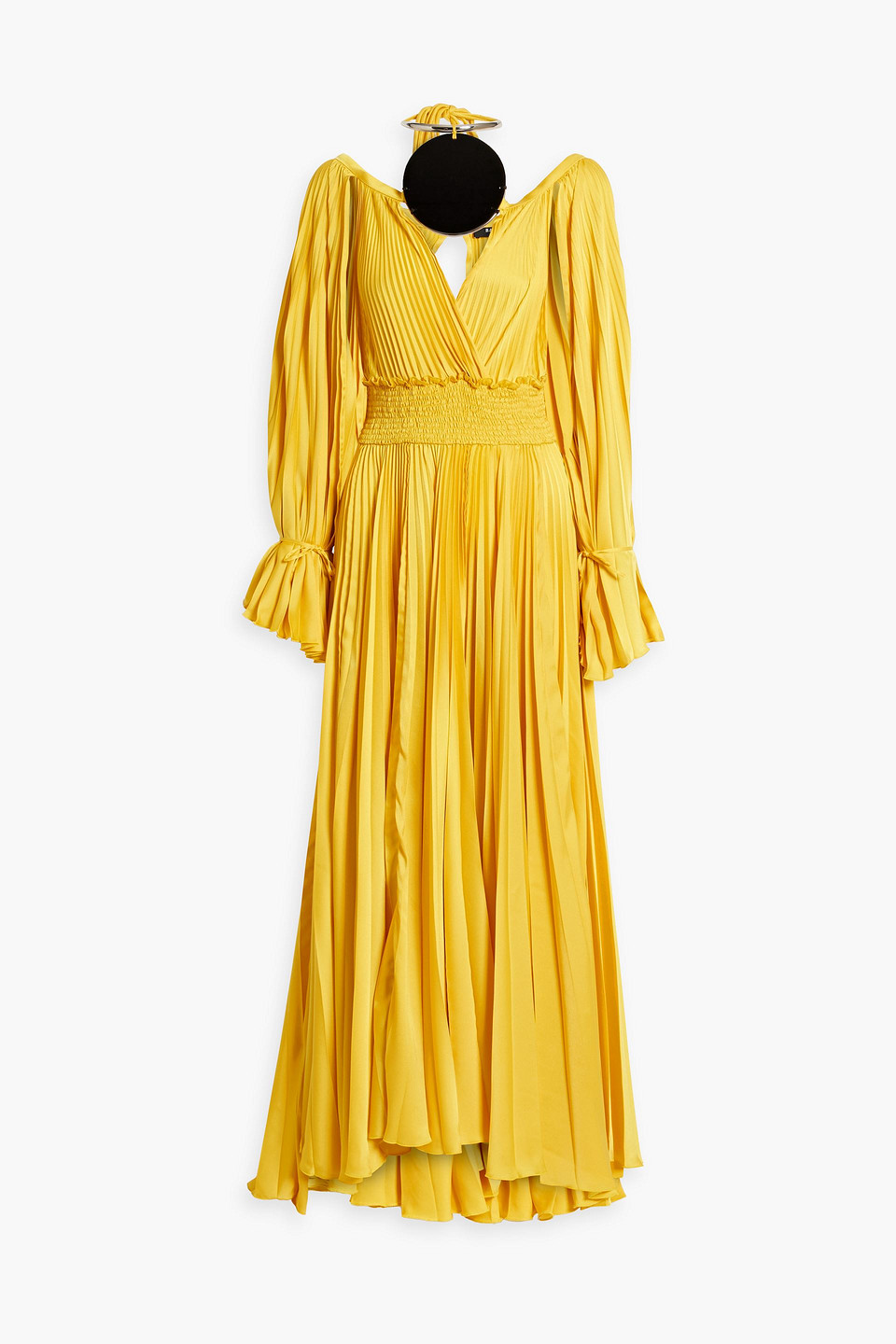 Balmain Cutout Embellished Pleated Satin Maxi Dress In Yellow