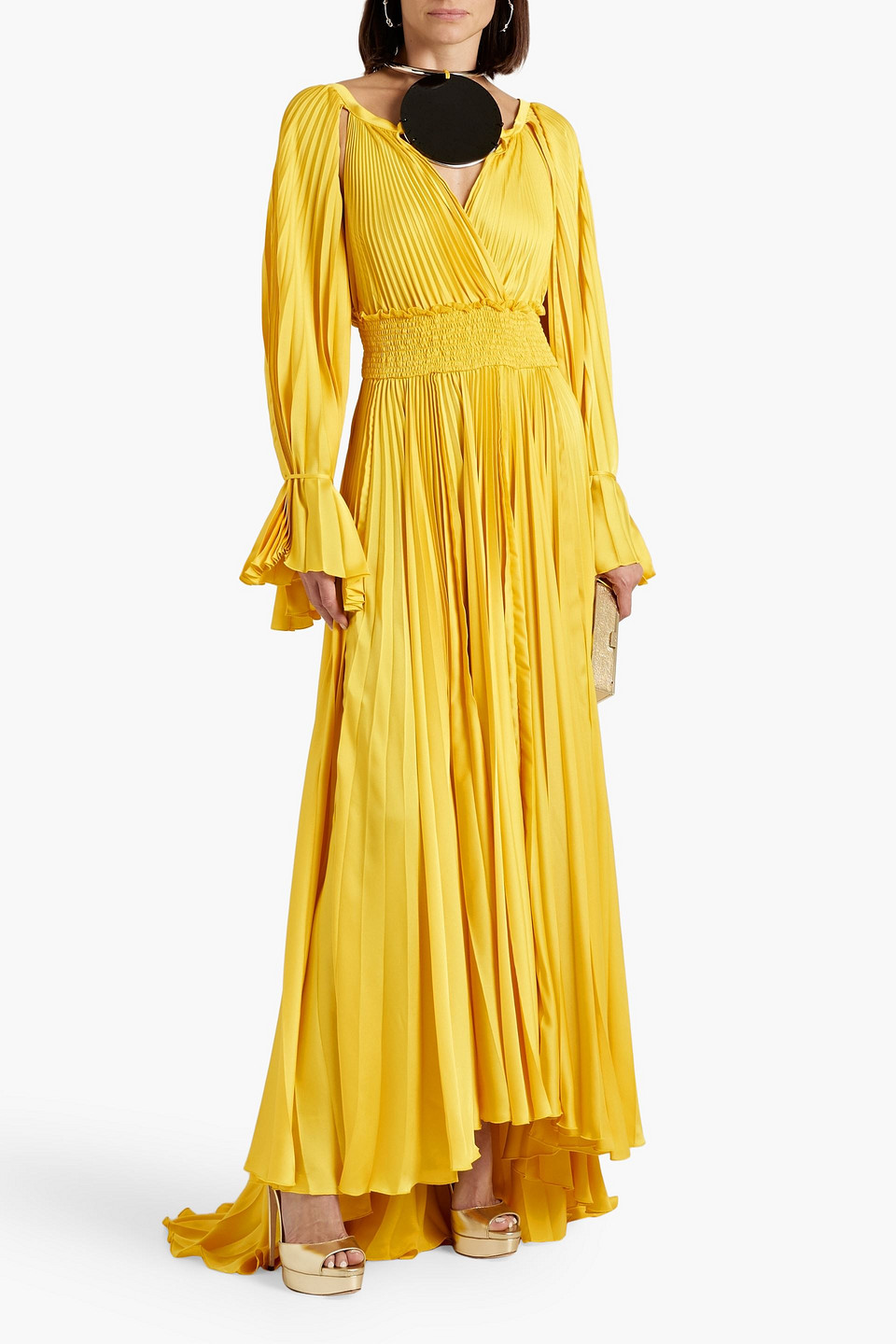 BALMAIN CUTOUT EMBELLISHED PLEATED SATIN MAXI DRESS