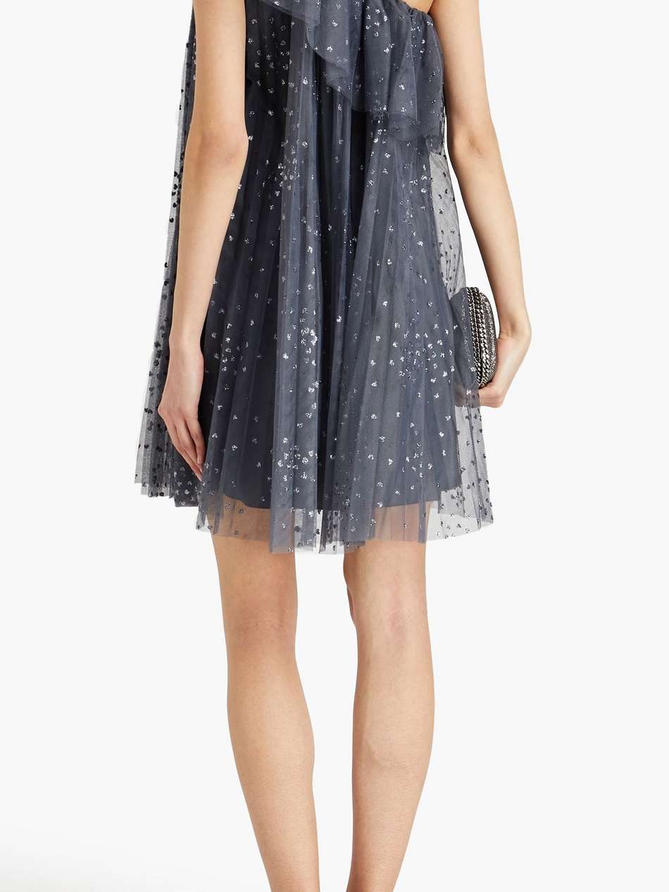 one-shoulder ruffled glittered tulle mini dress