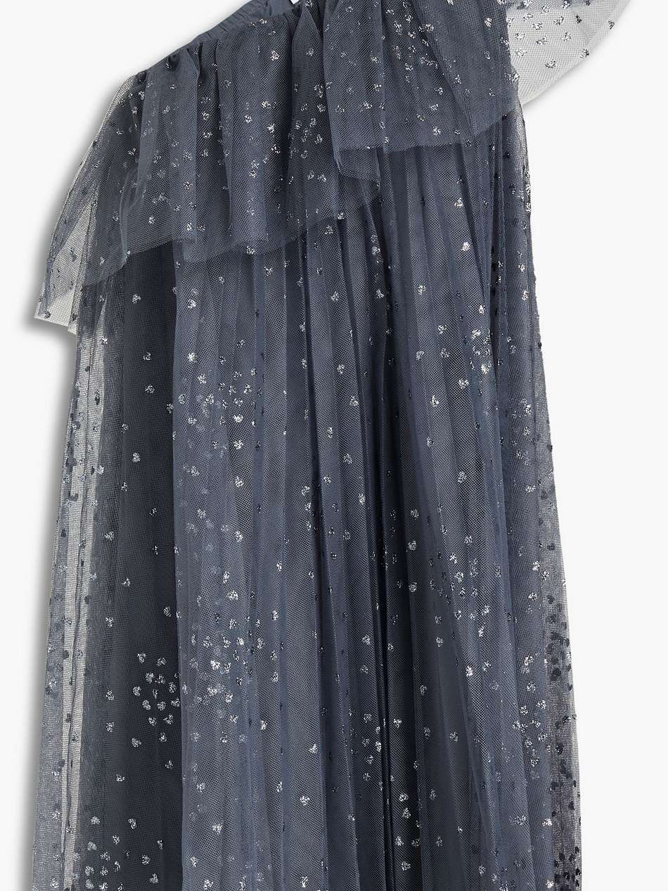 one-shoulder ruffled glittered tulle mini dress