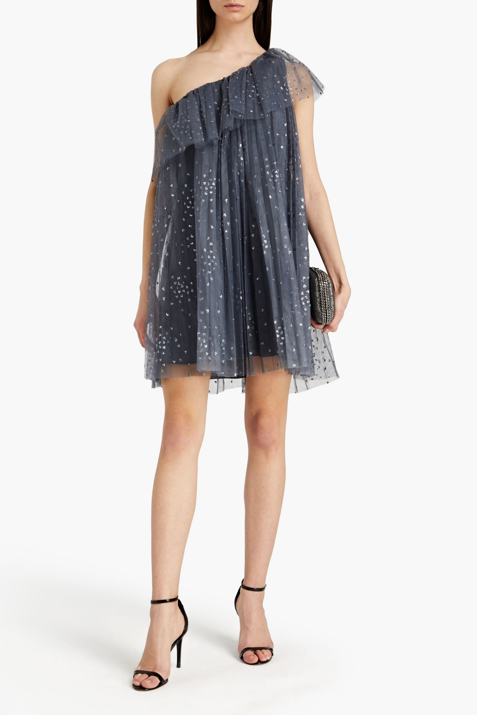 REDValentino One-shoulder ruffled glittered tulle mini dress