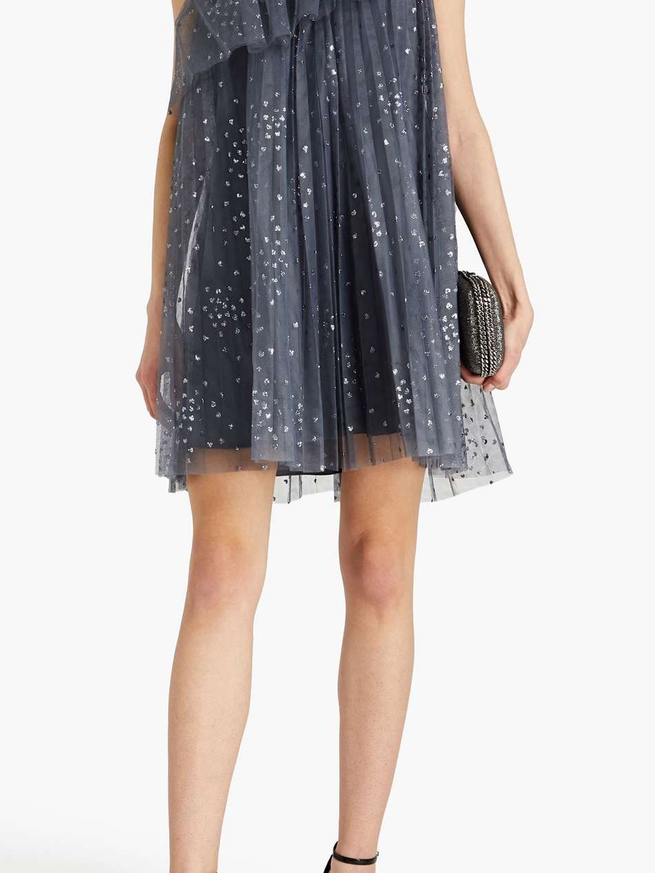 one-shoulder ruffled glittered tulle mini dress