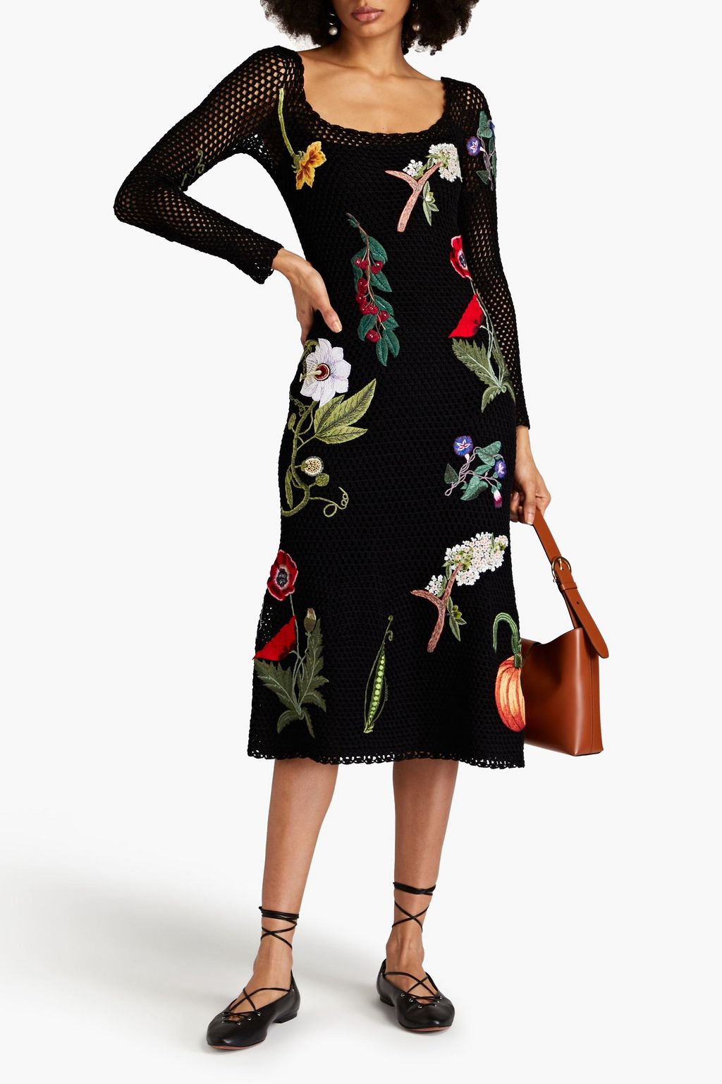 OSCAR DE LA RENTA فستان متوسط الطول من القطن بحبكة مفتوحة وتصميم مطرّز