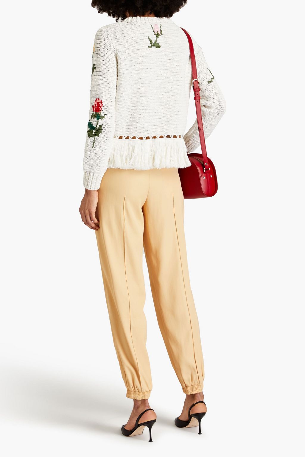 OSCAR DE LA RENTA Fringed intarsia cotton sweater