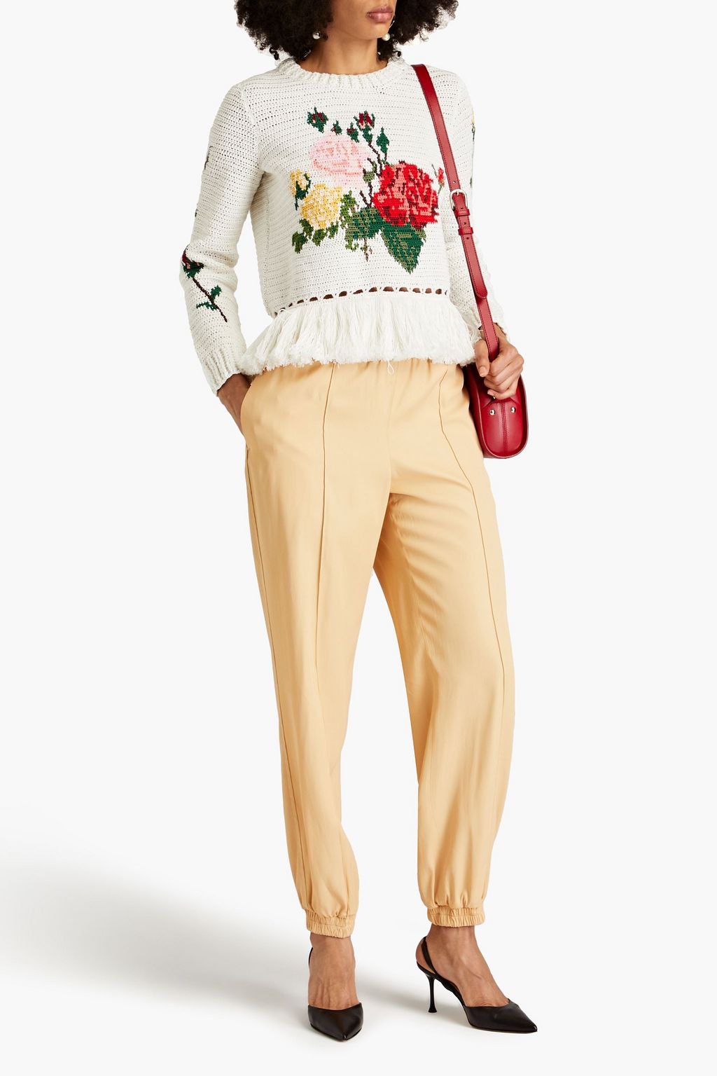 OSCAR DE LA RENTA Fringed intarsia cotton sweater
