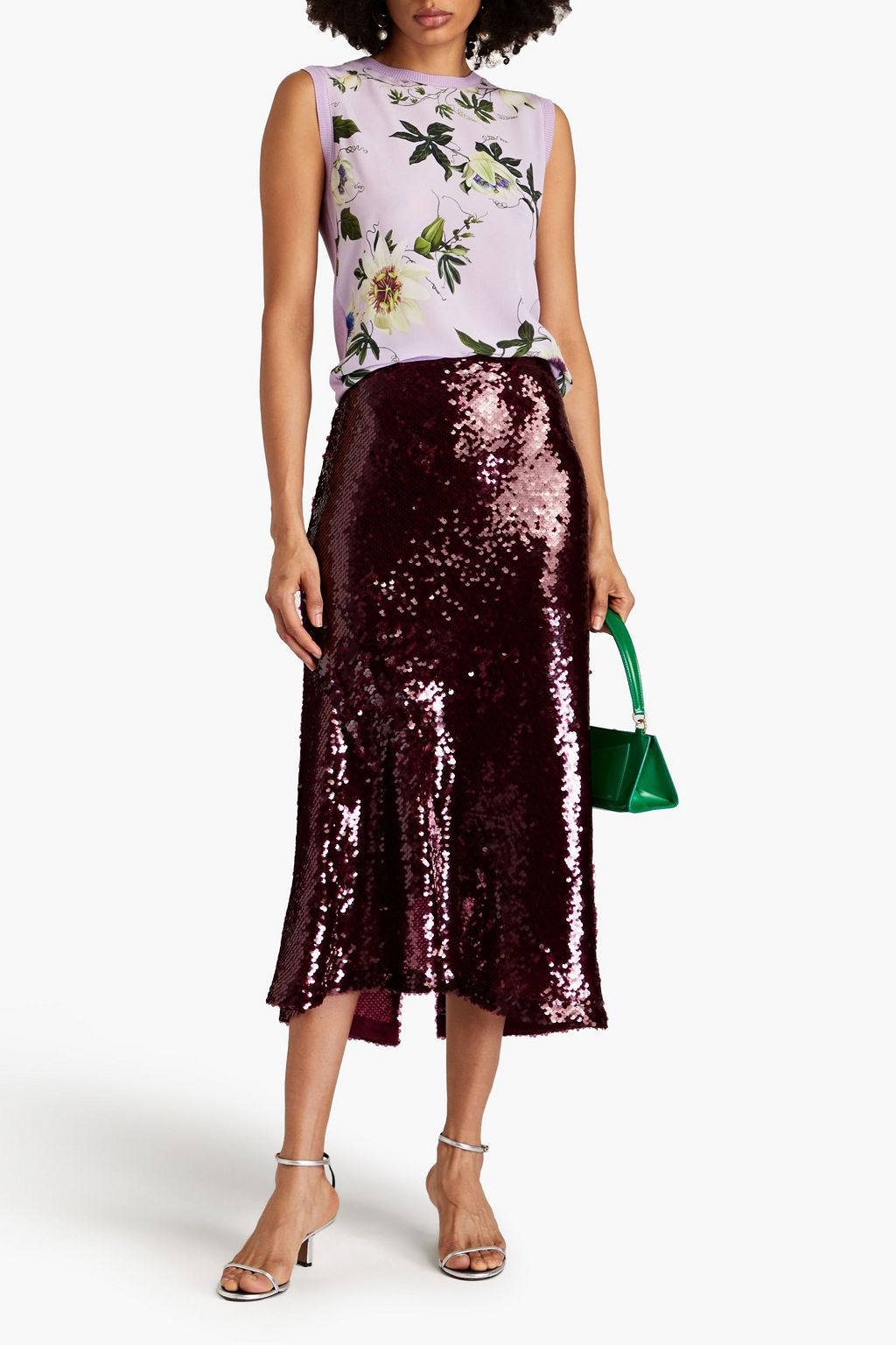 OSCAR DE LA RENTA Floral-print silk crepe de chine-paneled knitted vest
