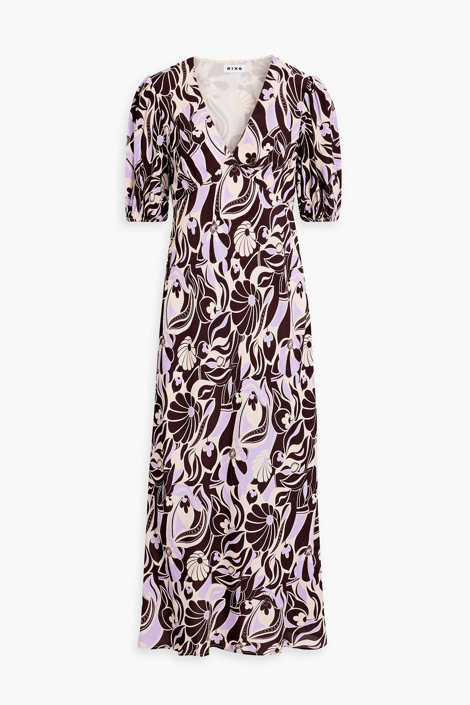 Rixo London Poppy Printed Crepe Midi Dress In Brown