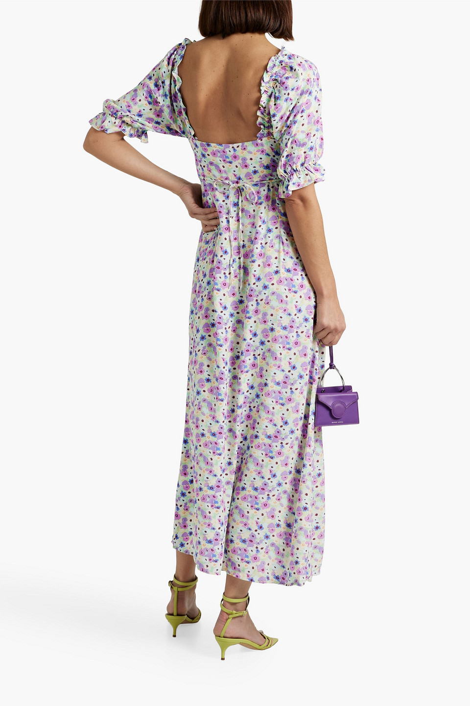 Rixo London Montenegro Ruffle-trimmed Floral-print Crepe Midi Dress In Lilac