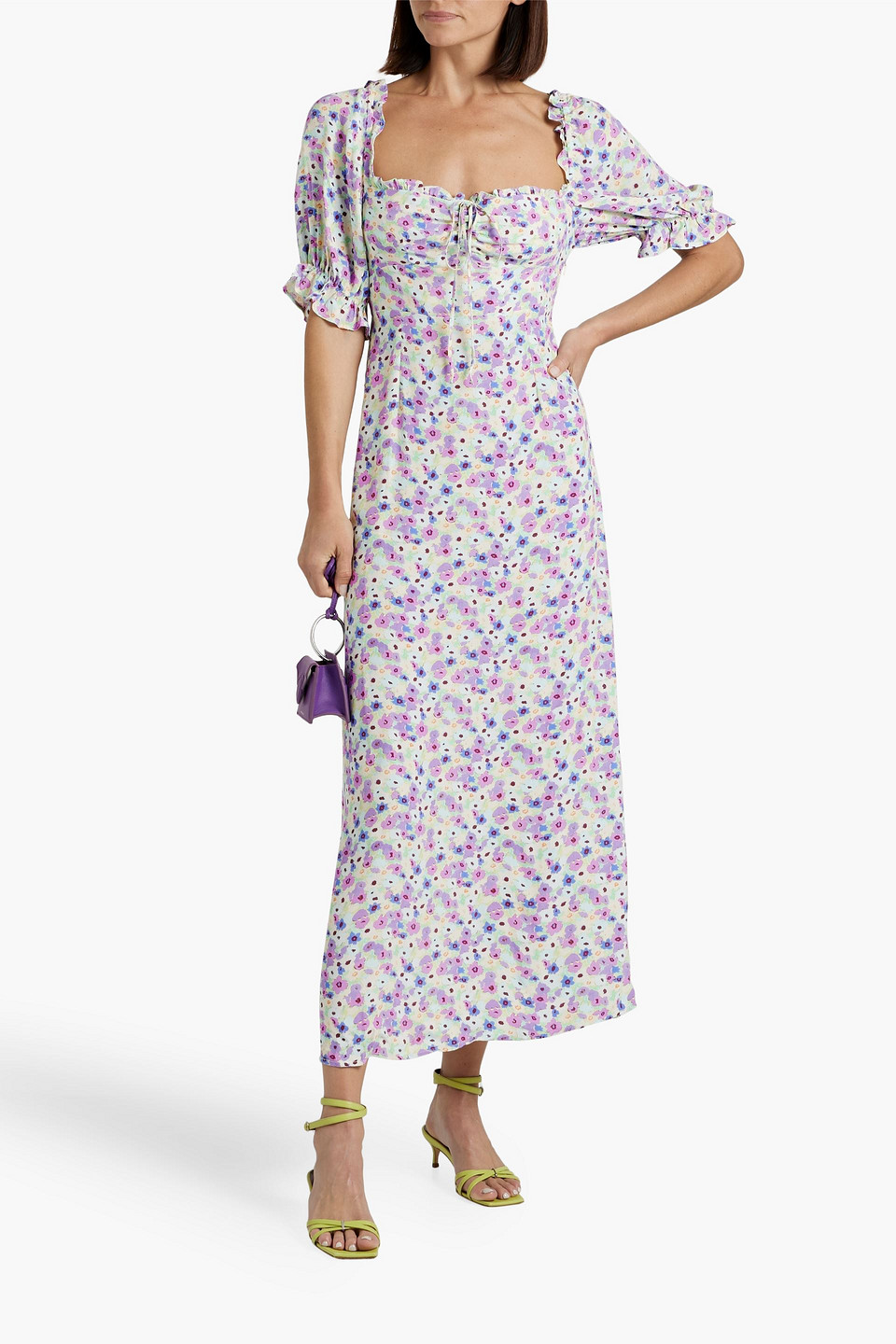 Rixo London Montenegro Ruffle-trimmed Floral-print Crepe Midi Dress In Lilac